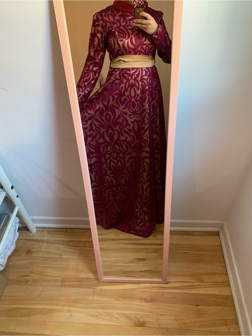 Elegant Long Sleeve Maxi Dress in Deep Berry with Gold Sash